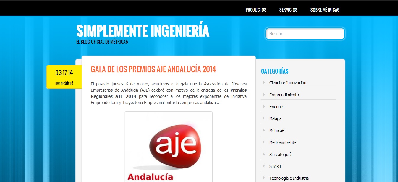 Página del blog de Métrica6 con artículo sobre la Gala de Premios Regionales AJE Andalucía 2014 donde se reconoce la innovación de la empresa