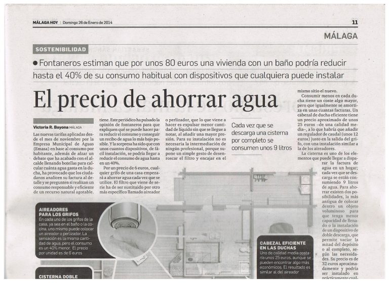 Artículo en Málaga Hoy del 26 de enero de 2014 titulado El precio de ahorrar agua, con referencia a los dispositivos de eficiencia hídrica de Métrica6