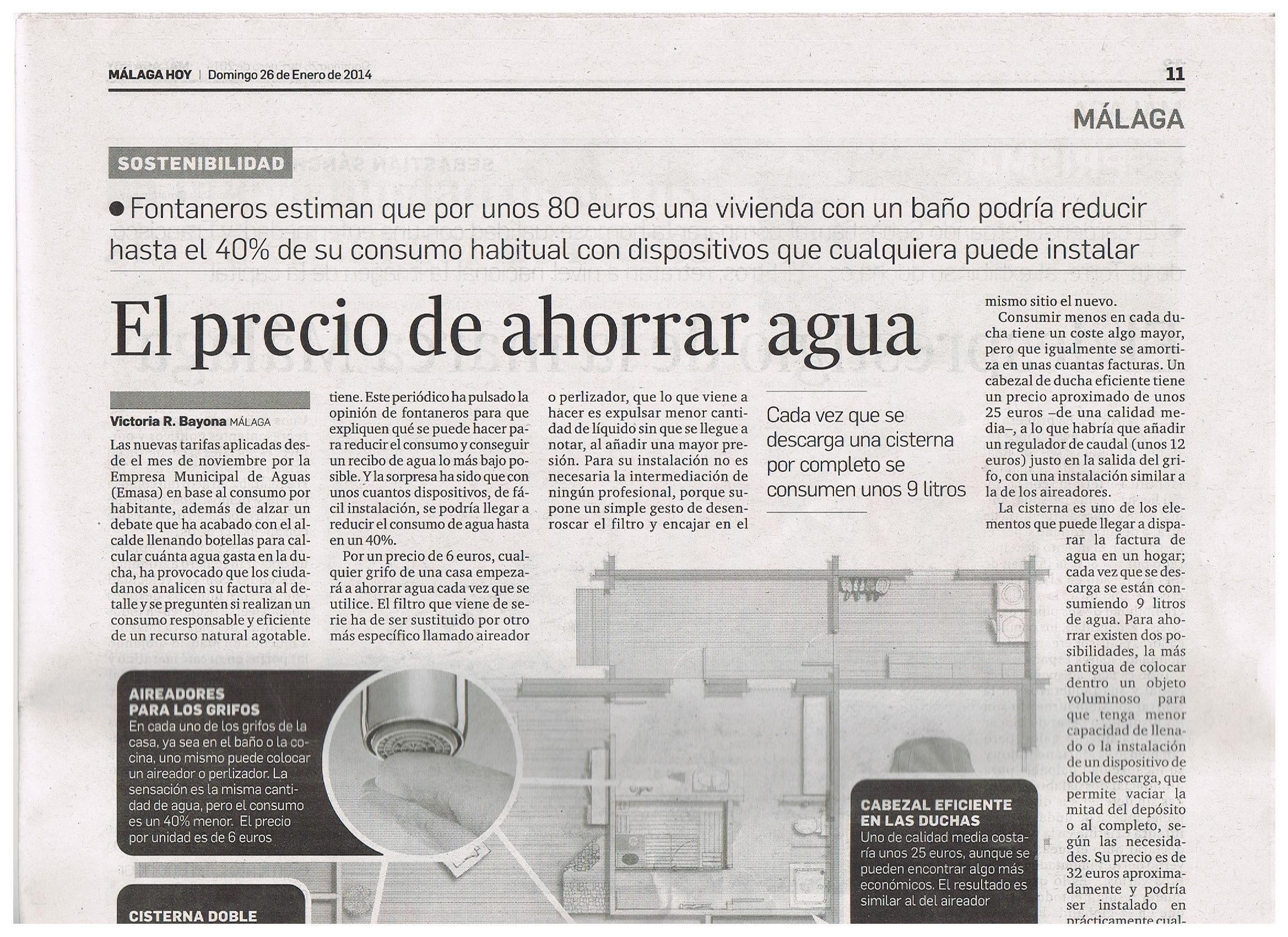 Artículo en Málaga Hoy del 26 de enero de 2014 titulado El precio de ahorrar agua, con referencia a los dispositivos de eficiencia hídrica de Métrica6