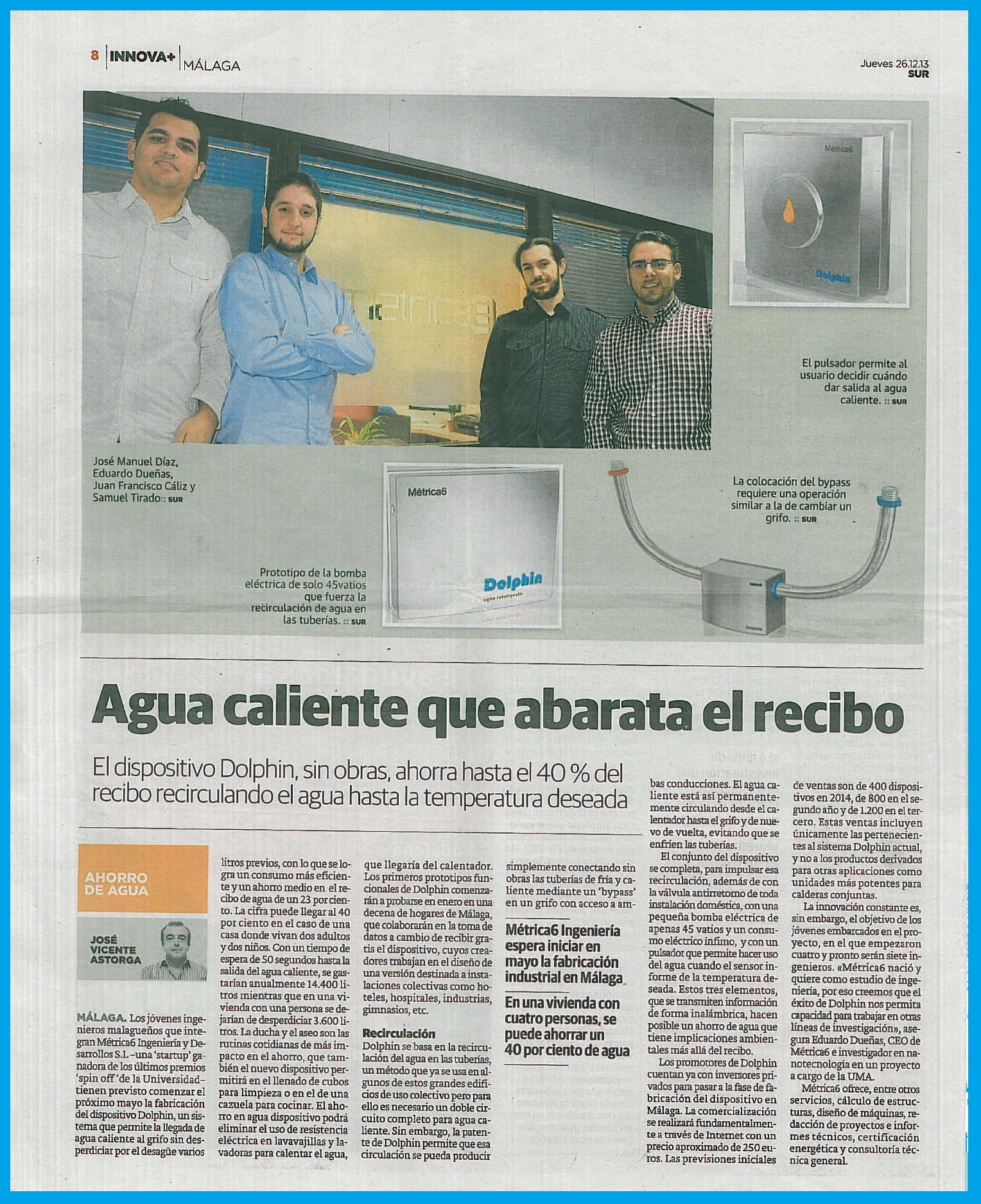 Reportaje en la sección Innova+ del Diario SUR de Málaga sobre Métrica6 y su dispositivo Dolphin de ahorro de agua – 26 de diciembre de 2013