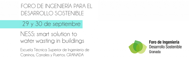 Cartel del ESDForum Granada 2016 con la ponencia de Métrica6 sobre NESS smart solution to water wasting in buildings – foro de ingeniería para el desarrollo sostenible